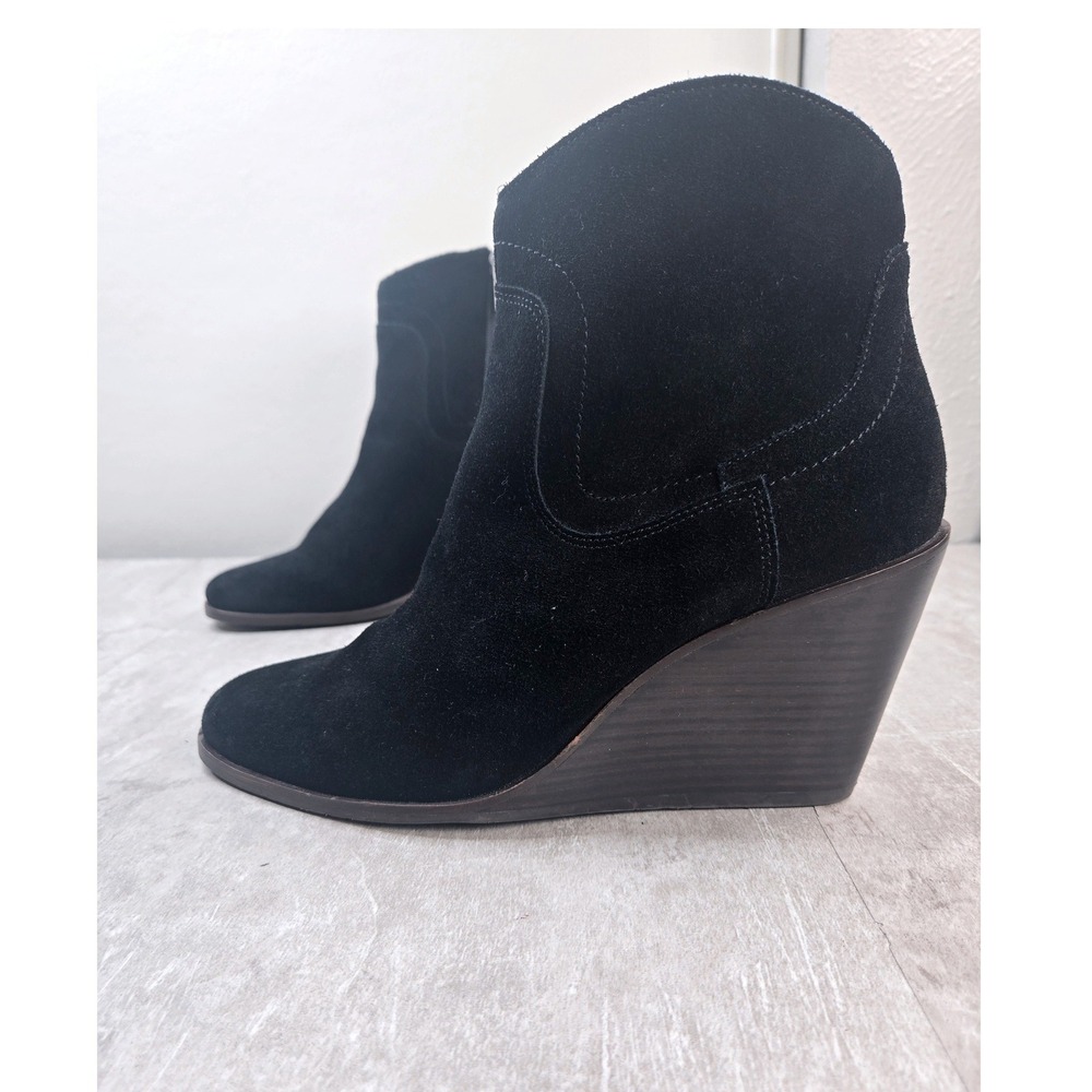 Lucky Brand Wedge Ankle Boots Size 9.5 Black Suede Western Boho Chic Fall Bootie